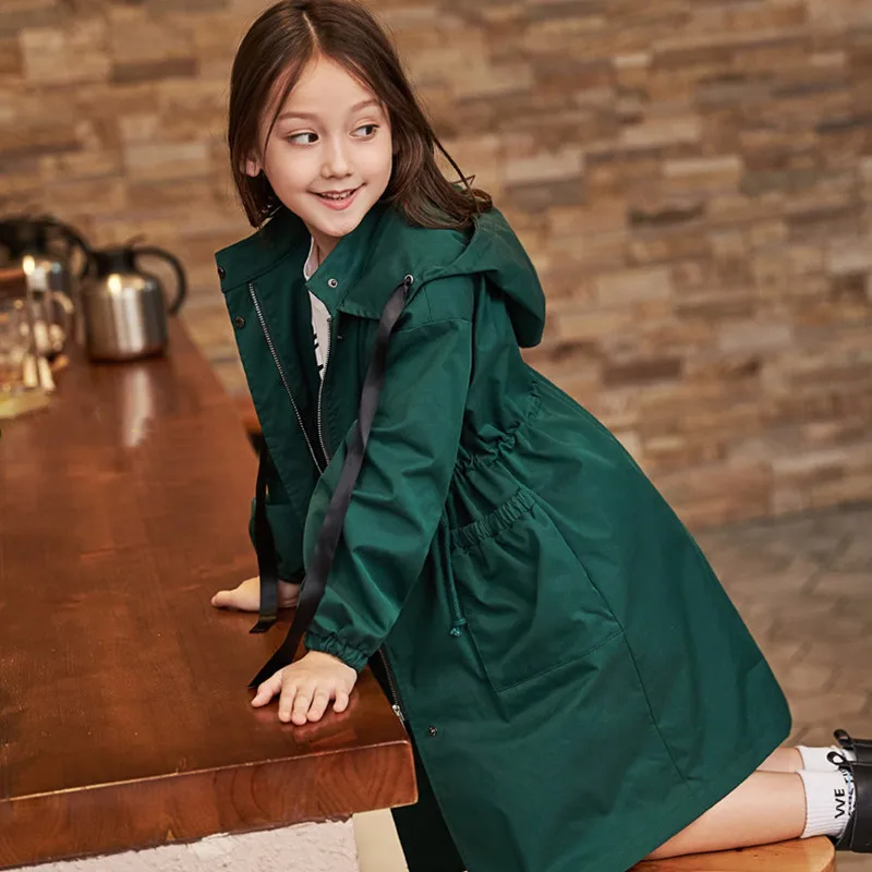 

2022 Autumn New Girls Hooded Drawstring Coat Fashion Solid Color Long Trench Coat Jacket Warm And Windproof