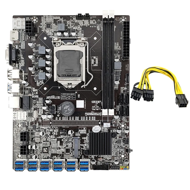 

HOT-B75 BTC Mining Motherboard 12 USB3.0 to PCIE 1X GPU Slot LGA1155 DDR3 DIMM RAM SATA3.0 with 6 Pin to 8 Pin Power Cable