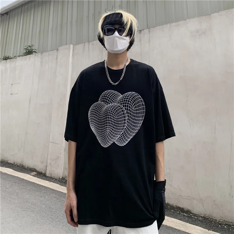 Hip Hop T Shirt for Men Broken Heart Print T-shirt Harajuku Cotton Casual Streetwear 90s Summer Short Sleeve T-shirts Black Tops