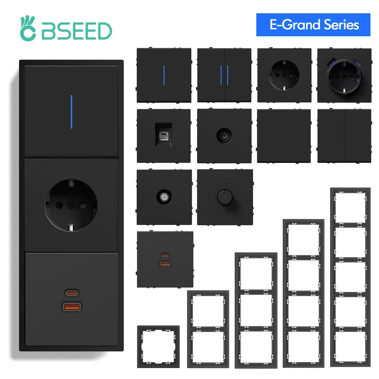 Фото BSEED 1/2Gang настенный выключатель USB Type-C, разъем модуля, часть интернет-телевизора, телефонная розетка, пластиковая рамка, бесплатная комбинация №1