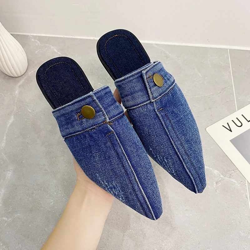 

New Blue Denim Cloth Women Slippers Pointed Toe Outdoor Slides Slingback Mules Slip on Flats Simple Women Shoes Zapatillas Mujer