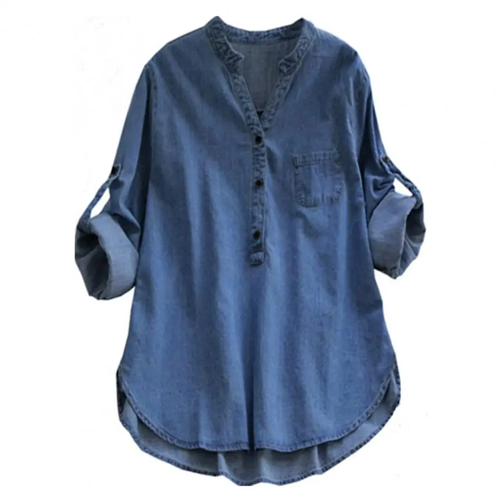 

Loose Fit Blouse Chic Streetwear Women's Loose Fit Denim Shirt with Stand Collar V-neck Buttoned Neckline Solid Color Long