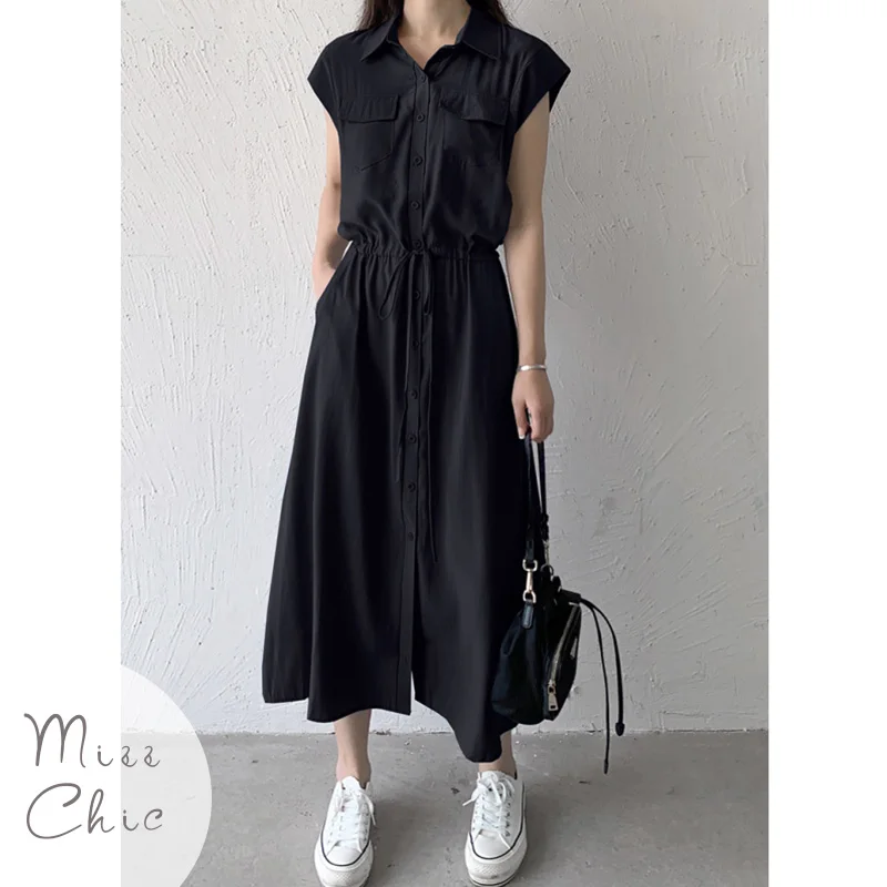 Chic Black Sleeveless Formal Midi Dress Women Fashion Elegant Commute Clothing Lapel Shirt Streetwear Vintage Robe 2023 Summer