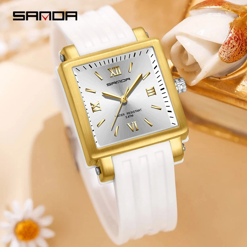 

Sanda Rectangular Wrist Watches for Women gold Case Ladies Watches Luxury Brand rubber strap Quartz Clock zegarek damski 3208