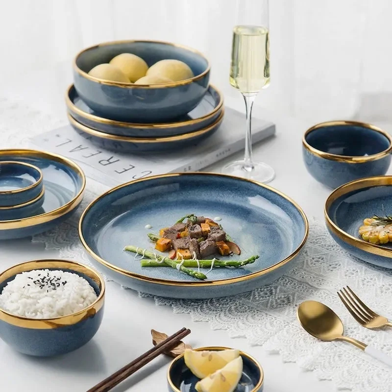Light Luxury Ceramic Plate Set Dishes Dinner Plates Steak Dessert Plate set Blue Gradient Salad Soup Bowl Plates Bowls Tableware