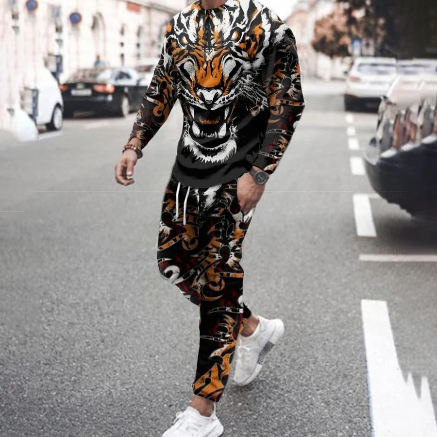 Autumn Men's Long Sleeved T-Shirt+Sports Pants 2-Piece 3D Printed Tiger Fashion Camping Set Morning Running Suit Jogging Set