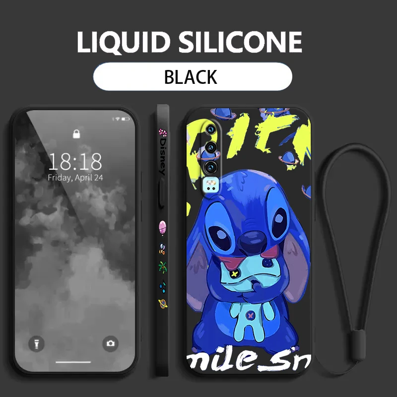 Cartoon Funny Blue Stitch Huawei Phone Case For Y9S Y9A Y9 Nova Y70 9 8 P50 P40 P30 P20 Pro Lite E 5G Liquid Left Rope images - 6