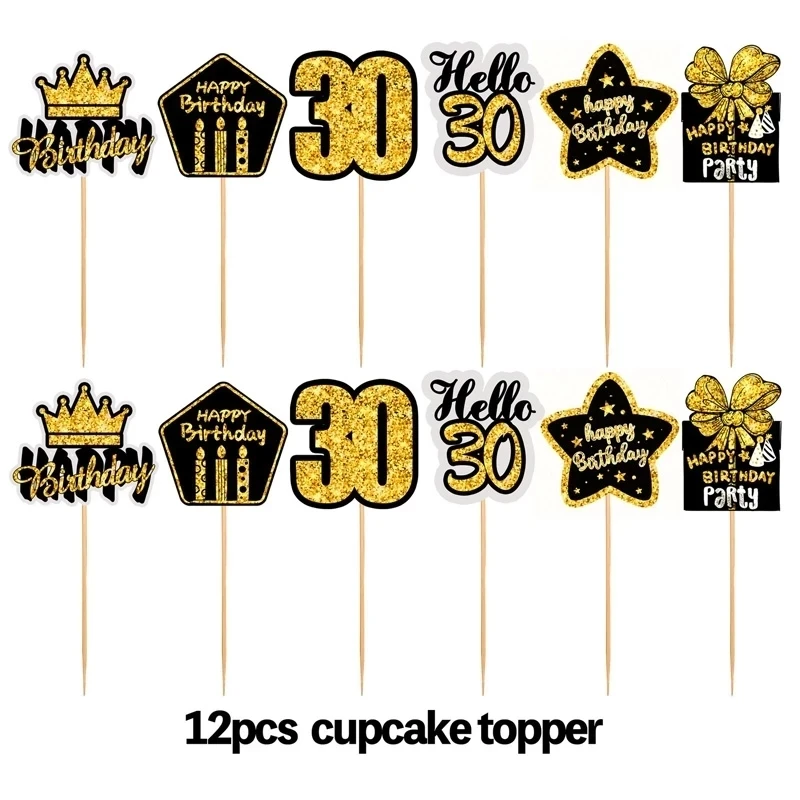 18 30 40 50 60 Years Old Cupcake Toppers Birthday Party Anniversary Adults 30th 40th 50th 60th Black Gold Cake Decor on - Верхушки для капкейков "18 30 40 50 60 лет" на день рождения, юбилей взрослых 30-летие, 40-летие, 50-летие, 60-летие, украш
