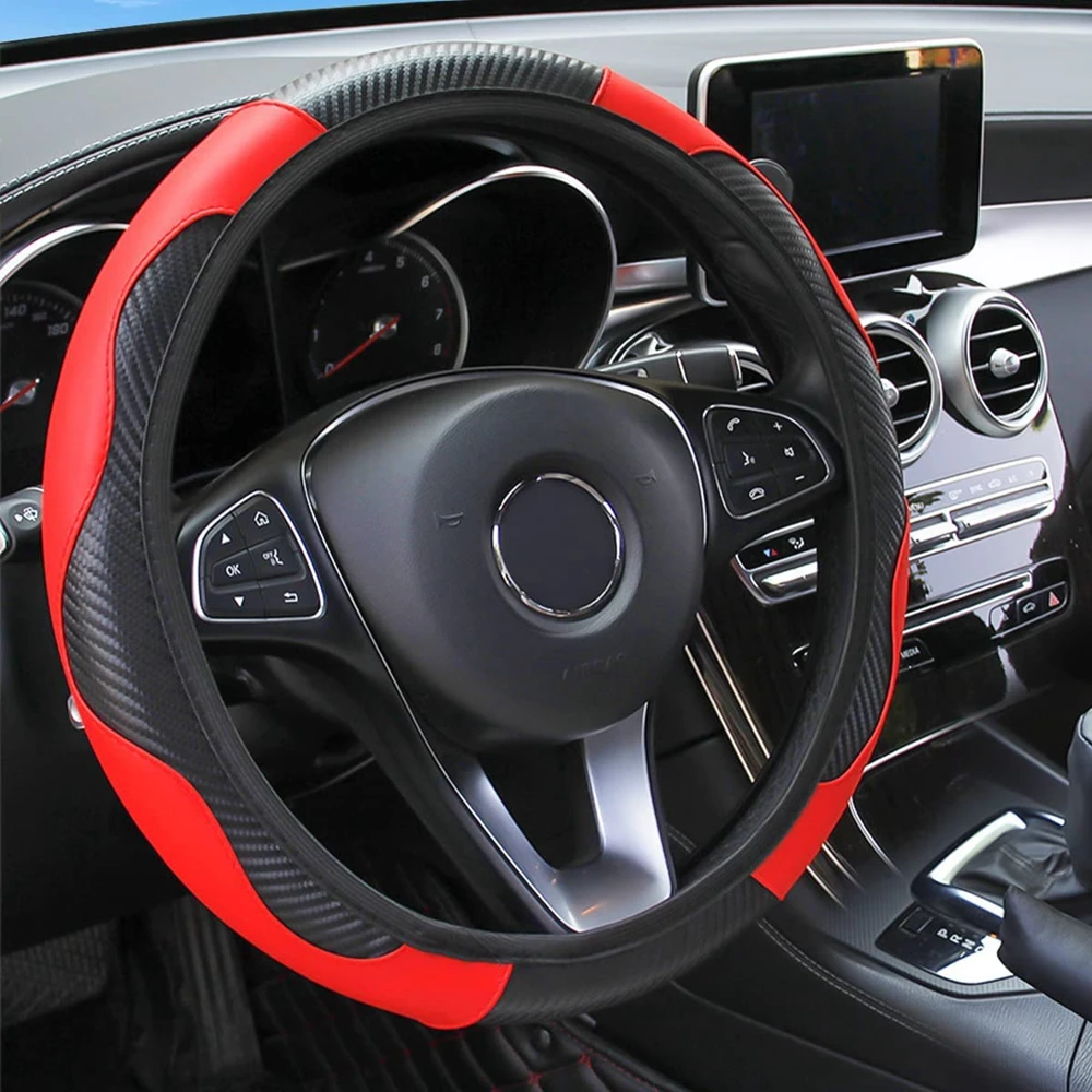 

37-38cm Car Steering Wheel Cover Breathable Anti Slip Leather Steering Covers Suitable Auto internal Accessories（Red）