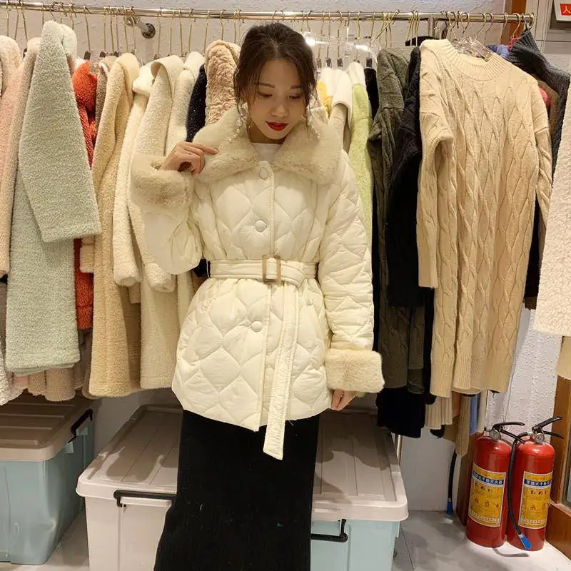 2022 White Lace Up Waist Korean Style Loose Long Winter Down Coat Women Long Female Chic  Argyle Jackets Buttons Padded Clothes