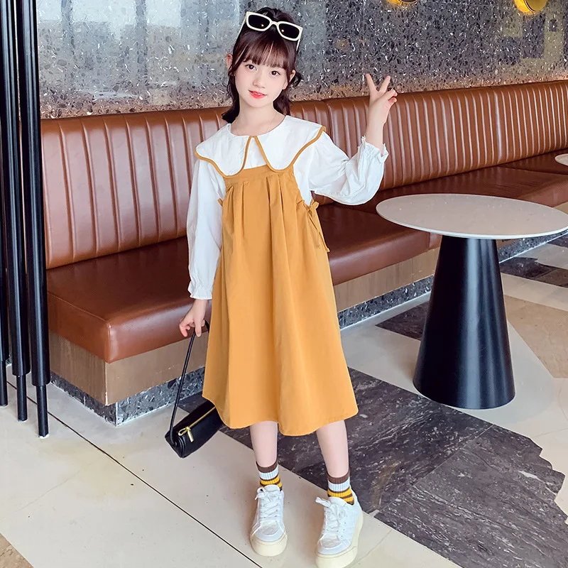 

Girls Clothing Set Spring Autumn Long Sleeve Doll Collar Shirt and Strap Dress Suits Kids Clothes Children Princess Outfits