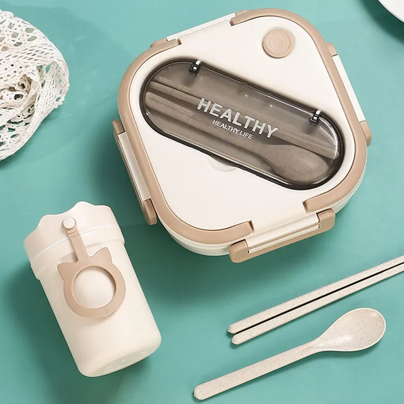 

Japanese-style Lunch Box for Students and Office Workers with Dividers, Locking Clips, Microwaveable Handles, and Cutlery Set