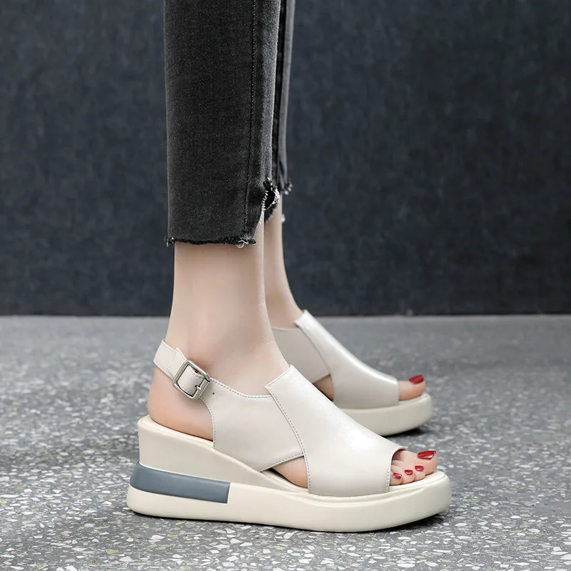 

Clogs Wedge Heel Shoe Thick 2022 Sandals Open Toe Suit Female Beige Muffins shoe Increasing Height Large Size Platform Comfy New