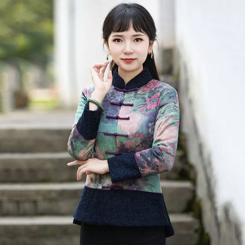 Parka Women's Coats Jackets 2022 Winter New Fashion Cotton-Padded Prints Splicing Chinese Style Retro Warm Skinny Parkas Woman