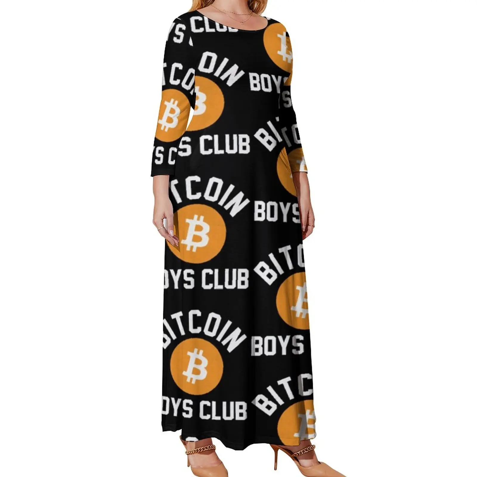 Bitcoin Logo Print Dress Long Sleeve Gold Coin Elegant Maxi Dress Summer Aesthetic Printed Beach Long Dresses Plus Size 5XL