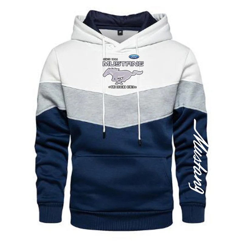 

2022New Spring Autumn Men's Ford Mustang Logo Patchwork Color Pullover Long Sleeve Hoodie Fashion Cotton Hoody Sweatshirt