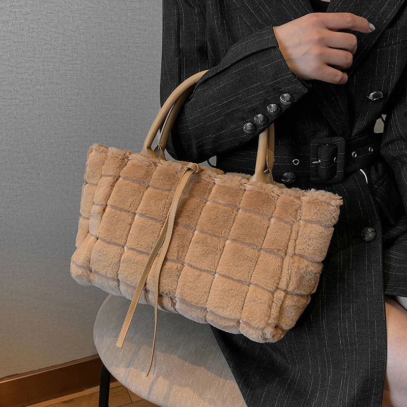 

Зимняя винтажная женская сумка в клетку с узором, мягкая плюшевая сумка, дизайнерская однотонная Большая вместительная сумка-тоут, Женская пушистая теплая сумка-шоппер