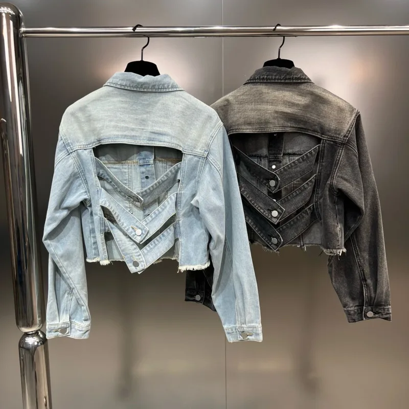 

BORVEMAYS Hollow Out Patchwork Denim Jacket Street Personality Temperament Lapel Single-breasted 2023 Autumn New Coat WZ3679