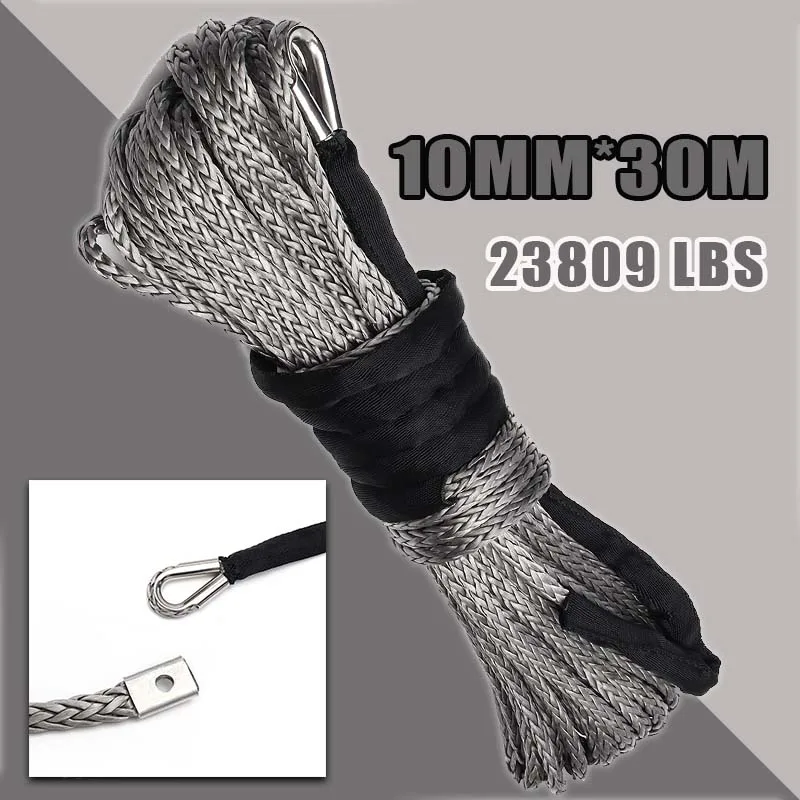2/5" x 100ft Car Synthetic Winch Rope Line Grey Recovery Cable 4WD ATV Heavy Duty Rope Wrapped In A Loop 10MM x 30M 23000LBS