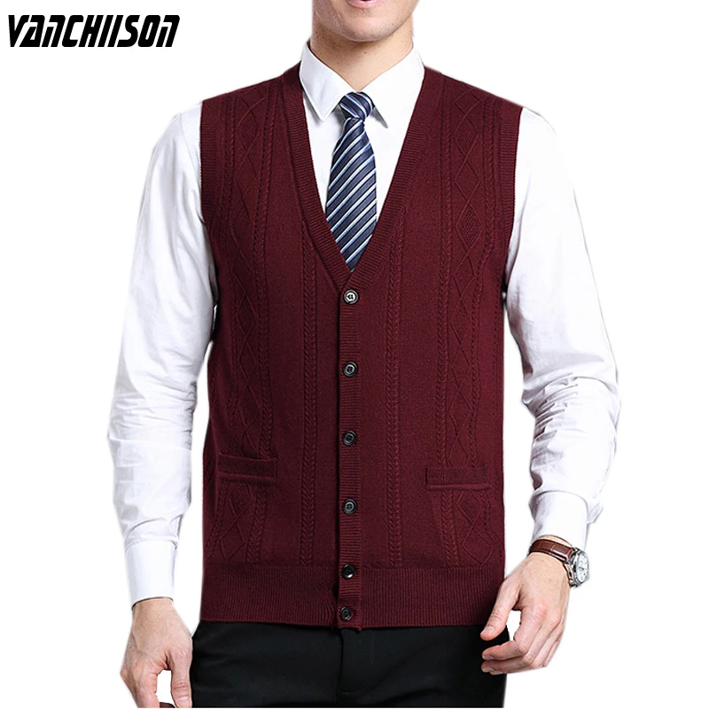 

Men Flat Knitted Vest 6.5% Wool Sleeveless Sweater Jacket Twisted Pockets V Neck Solid Basic for Autumn Winter Casual 00169066