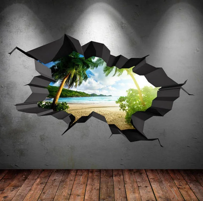 

3D Beach Sea Cave Paradise Full Colour Wall Art Sticker Decal Mural Transfer Cracked Wall Home Design Ideas MYS547