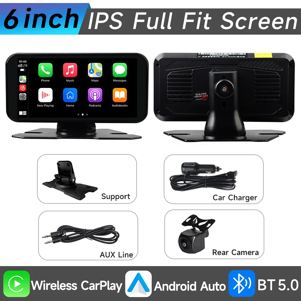 JIUYIN 6-дюймовый сенсорный экран, универсальный автомобильный радиоприемник, мультимедийная GPS-навигация, беспроводной CarPlay, Android Auto, Bluetooth, музыкальный плеер