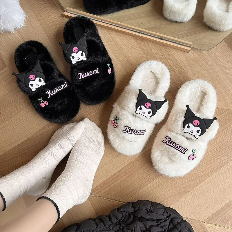 

Kawaii Sanrio Anime Fall and Winter Models Plush Slippers Cute Kuromi Girl Outside Wear Thick Bottom Padded Cotton Slippers Gift