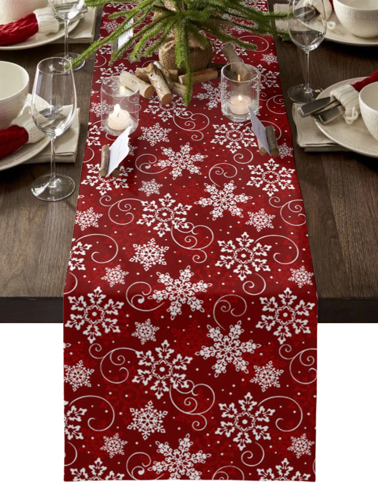 

Christmas White Snowflake Texture Red Wedding Table Runners Table Mats Party Table Decor Festival Holidays Christmas Tablecloths