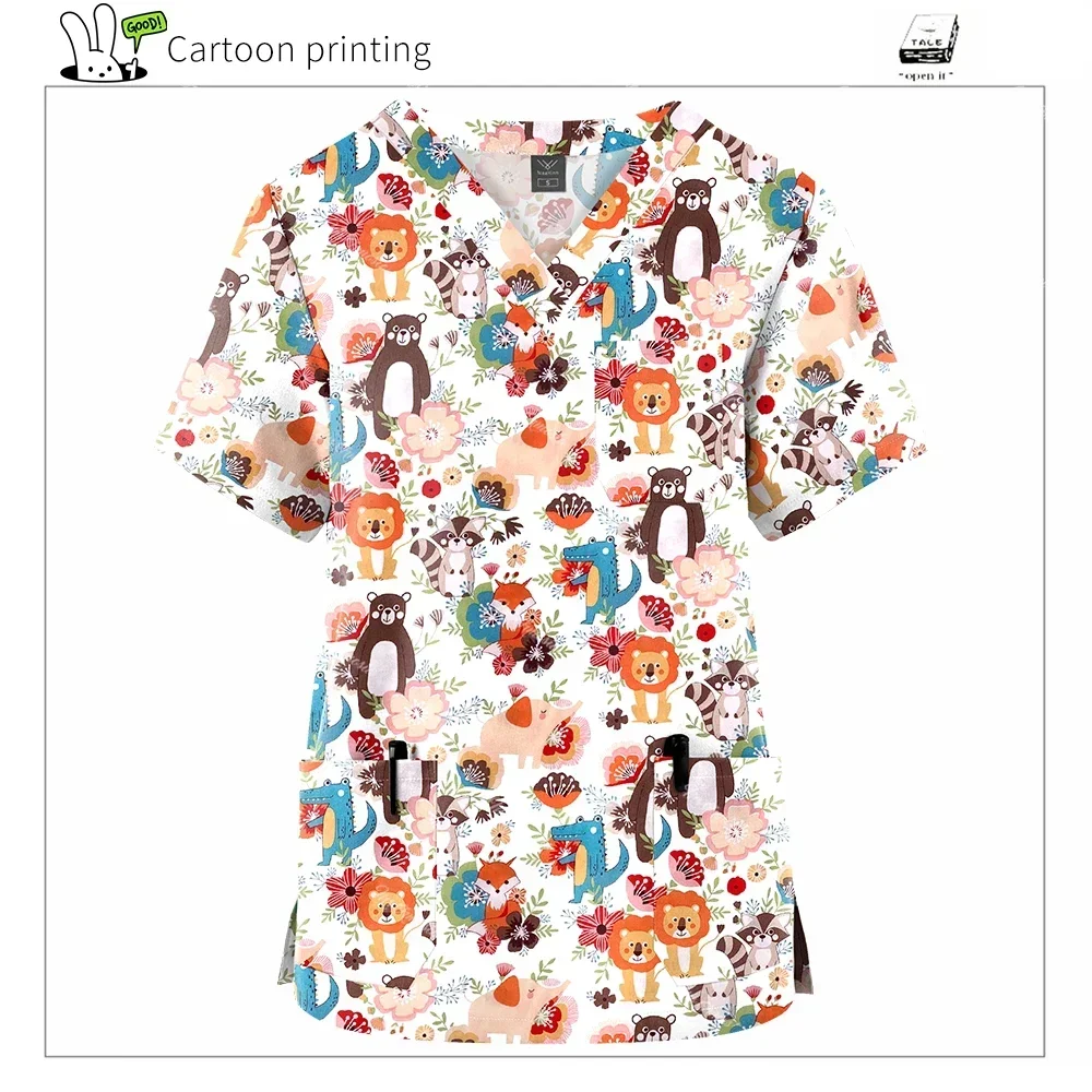 Nurse Uniform Women's Cute Cartoon Printed Top Surgical Uniforms 3 Pockets Blouse Medical Scrubs T-shirt Men Nursing Accessories