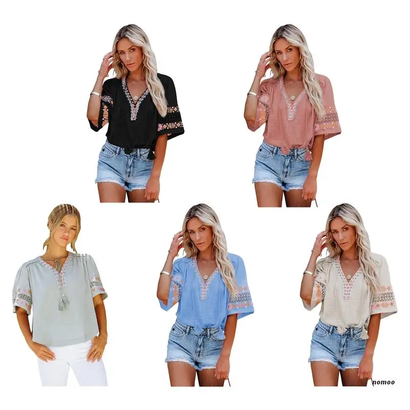 

Womens Embroidery T Shirts Bohemian Hollow Out Crochet Stitching Blouse