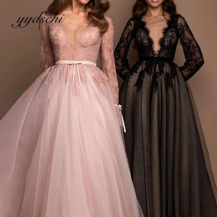 

Applique Party Prom Dress Deep V-Neck Lace Long Sleeve Floor Length A-Line Elegant Tulle Evening Formal Dresses for Women 2023