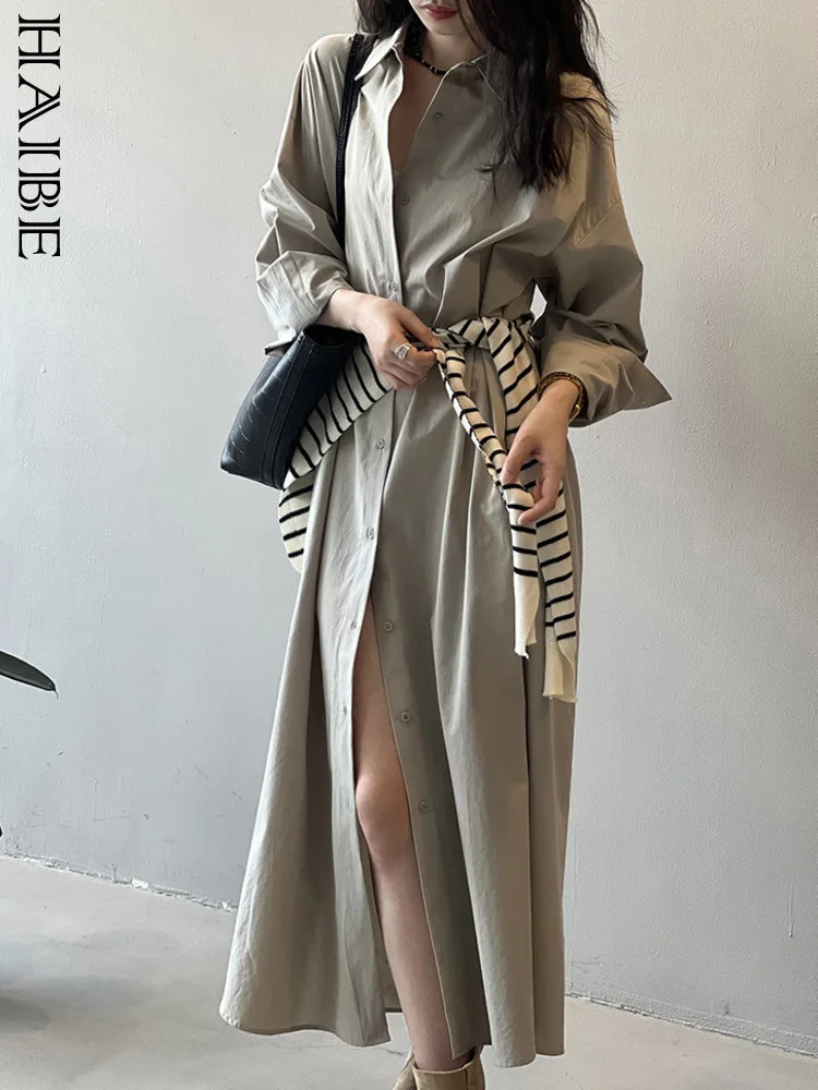 [HAIBE] Хорошее качество темпераментное длинное платье-рубашка с разрезом женское