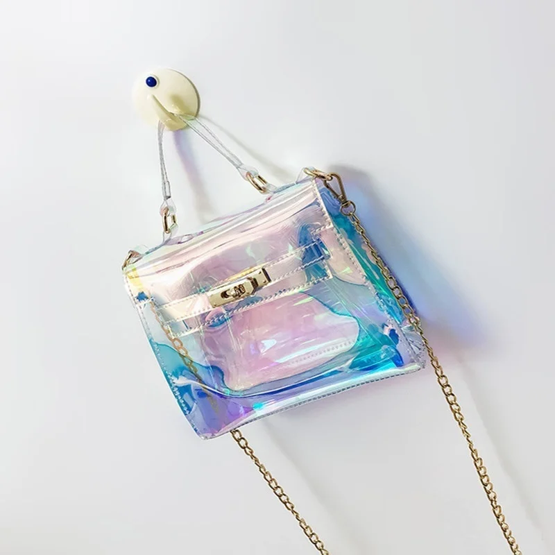 

Women Multicolor Transparent Jelly Laser Color Summer Bag Purses Female Handbag Square Tote Bag Chain Shoulder Messenger Bags