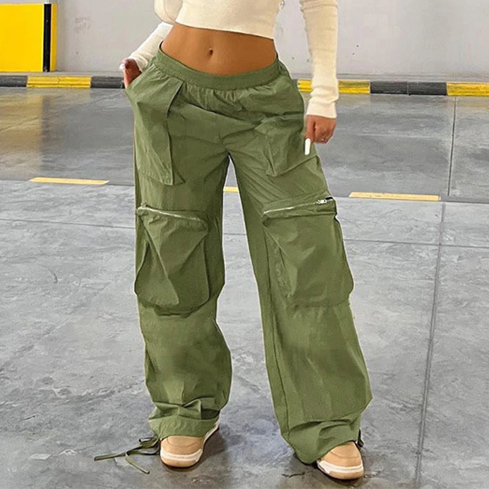 

Women Straight Trousers Loose Solid Y2k Cargo Pants Elastic Waist Summer Pocket Lace Up Pants Joggers Overalls Parachute pantsWo