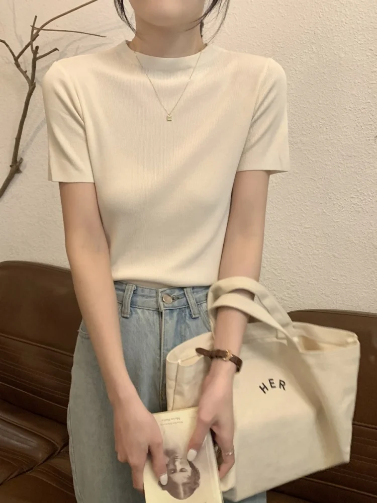 Новинка 2024 вязаная черная футболка с коротким рукавом из ледяного шелка Женский