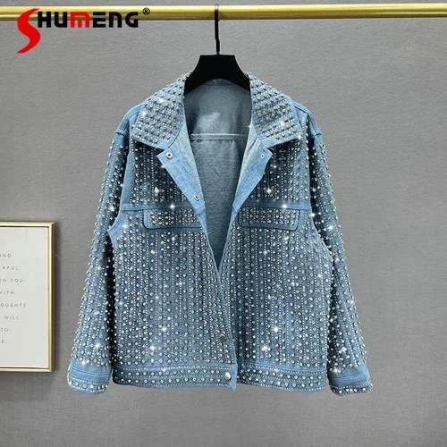 

Streetwear Blue Denim Jackets Women Trendy New Spring Loose Lapel Slimming Long Sleeve Full Rhinestone Jeans Jacket Coats