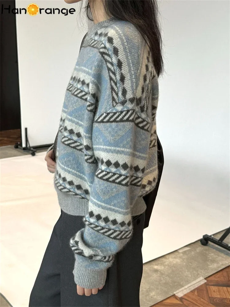 HanOrange 2024 зимний винтажный полосатый жаккардовый шерстяной свитер женский теплый
