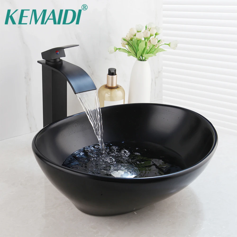 

Матовый черный керамический смеситель KEMAIDI для умывальника, смеситель для раковины в ванную комнату, смесители для горячей и холодной воды, ...