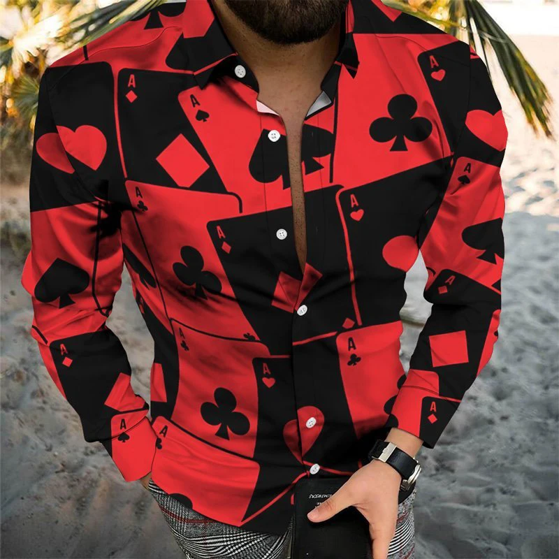 

Luxury Fashion Men Shirt Turn-down Collar Buttoned Shirts Casual Red Poker Print Long Sleeve Men's Clothing Streetwear Cardigan
