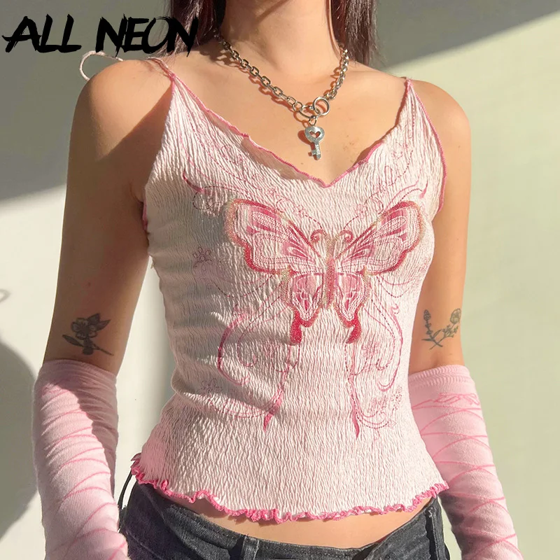 

ALLNeon Fairy Sweet Pink Bufferfly Printing Straps Tank Top Girls Summer Crop Tops Y2K Ruched V-Neck Lace-Up Vest Women Outfits
