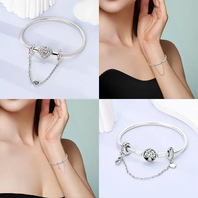 Серебряная цепочка с зажимом S925 безопасные бусины-шармы на удачу прозрачным ПАВЕ