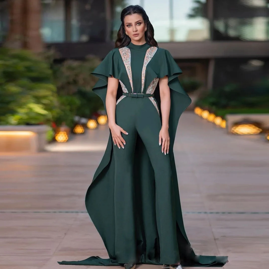 

Скромный вырез, комбинезон, платья для выпускного вечера, кружевное атласное вечернее платье с накидкой и рукавом, темно-зеленый наряд, плат...