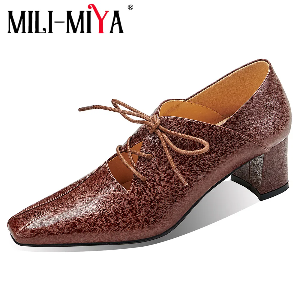 

MILI-MIYA Fashion Splicing Upper Lace Up Women Soft Sheep Skin Pumps Pointed Toe Thick Heels Solid Color Dress Party Shoes