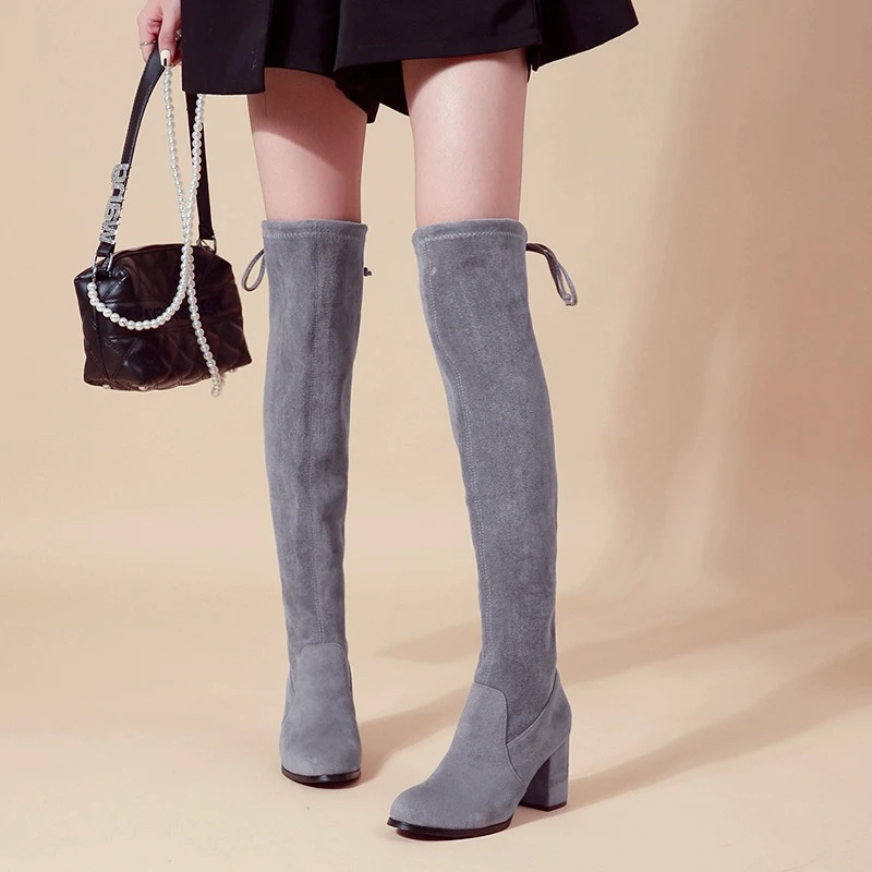 

Новинка Осень-зима 2022, модные Универсальные однотонные сапоги до колена, удобные узкие сапоги на толстом каблуке