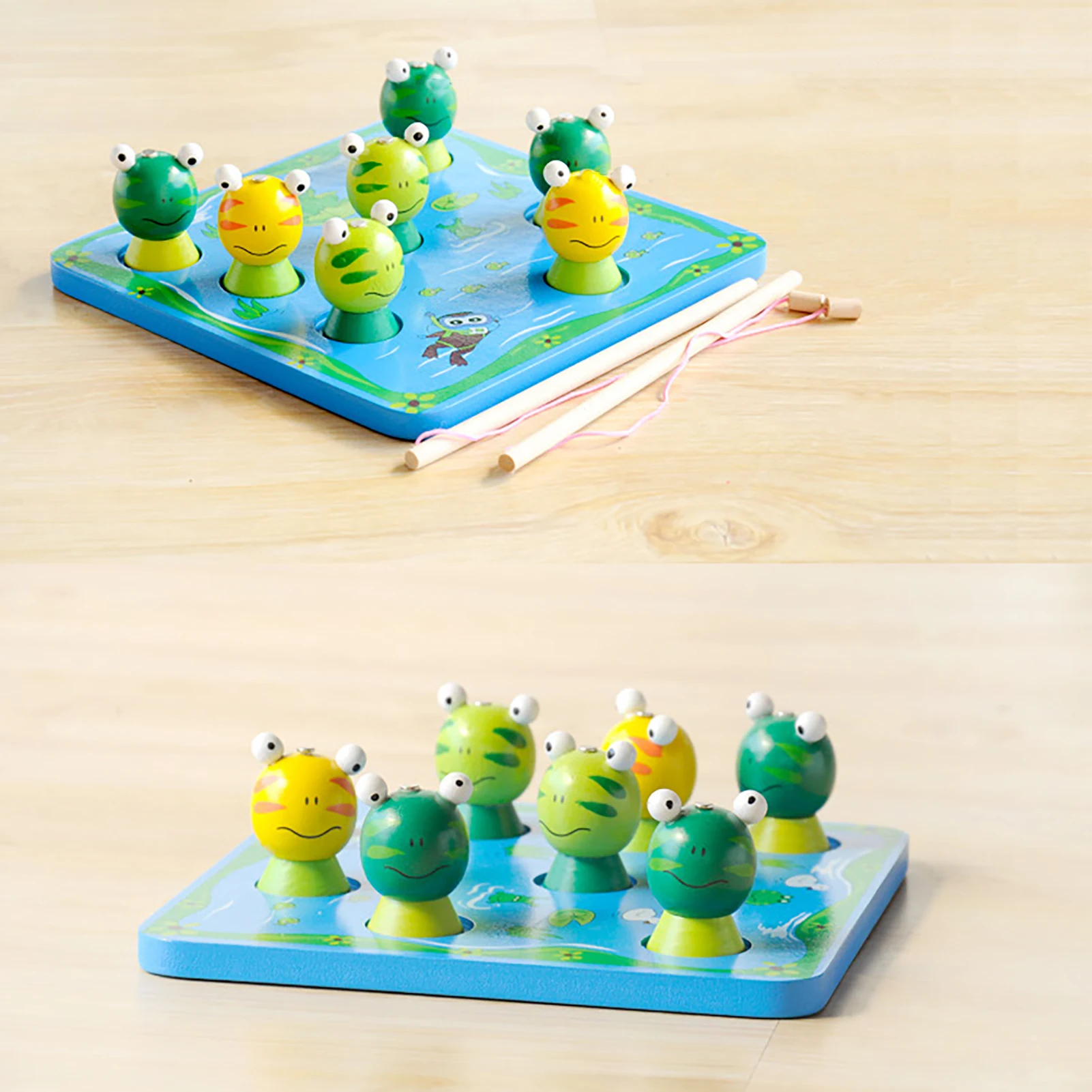

Деревянная Магнитная рыболовная игра Монтессори, игрушки с 2 магнитными полюсами и 7 магнитными рыболовными лягушками, обучающая рыболовна...