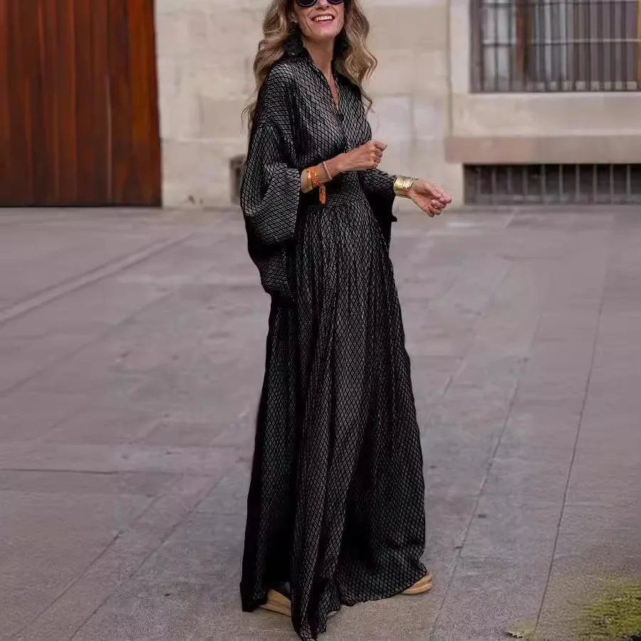 Женское осеннее длинное платье с v-образным вырезом и рукавами-фонариками