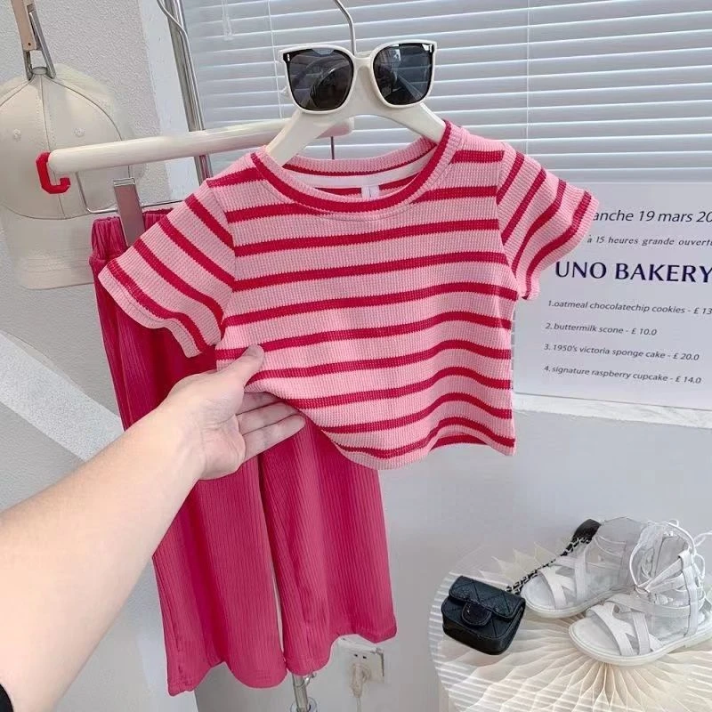 

Pink 2 Pieces Girls Pants Sets Summer 2022 Striped T-Shirts And Wide Leg Ankle Length Kids Children Clothing Suits