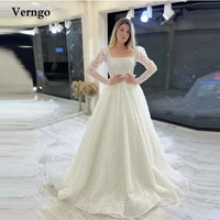 verngo modest a line 3d flowers wedding dresses long sleeves square neck lace up low back chapel train bridal gowns for mariage