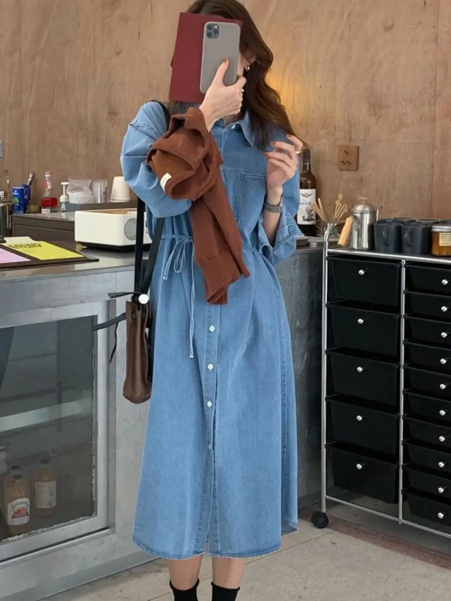 Real Shot 2024 осенне-зимнее новое корейское свободное джинсовое платье со шнуровкой и
