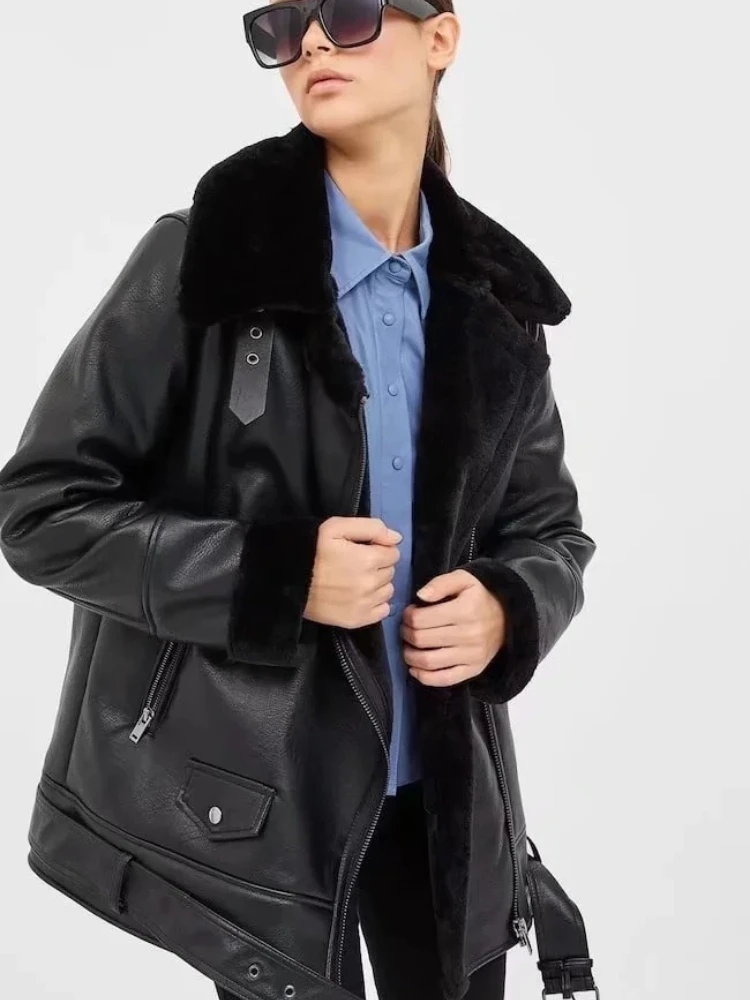Fashion Fur Collar Long Sleeve Zipper Black Retro Biker Jackets Coats Women 2022 Vintage Casual PU Leather Jacket Streetwear